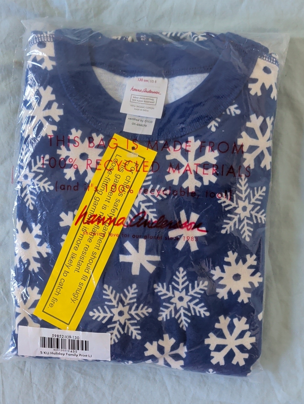 New Hanna Andersson Blue Snowflake Kids Pajama Set, Size 8